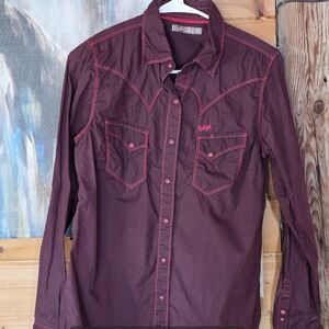 Cruel Girl Burgundy Button Down Shirt with Pink Stitching
